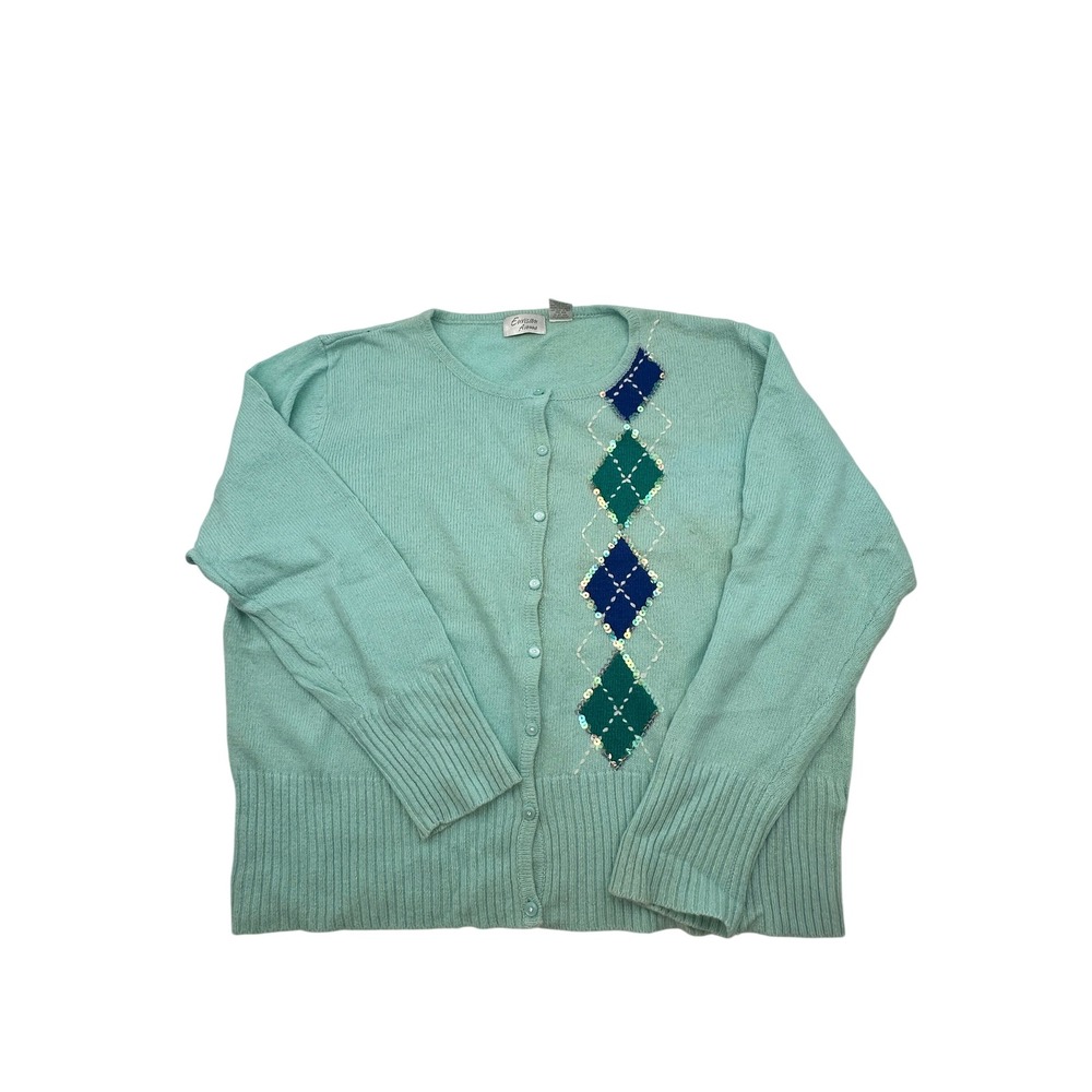 Envision Avenue Mint Green Argyle Sequin Cardigan Sweater Plus Size 2X 18W/20W